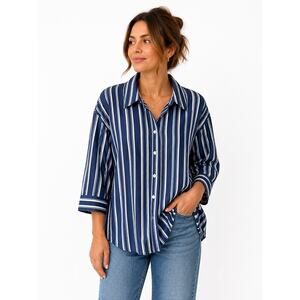 Lauren Ralph Lauren 2X Linen Button Up Shirt Preppy Coastal Striped Top